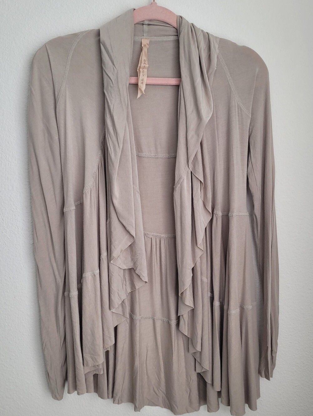 Bailey 44 Draped Open Front Tiered Ruffle Cardigan XS Taupe Grey USA Y2K